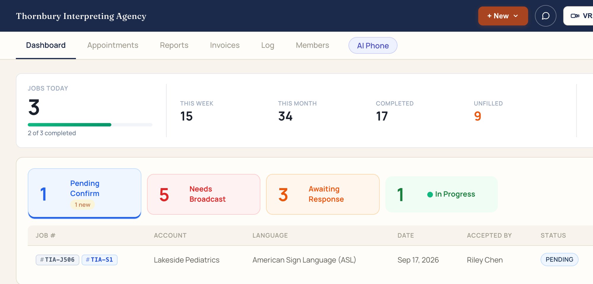 The IMP dashboard in the demo agency: today's jobs, the week and month, and queues for jobs to confirm, broadcast, and follow up