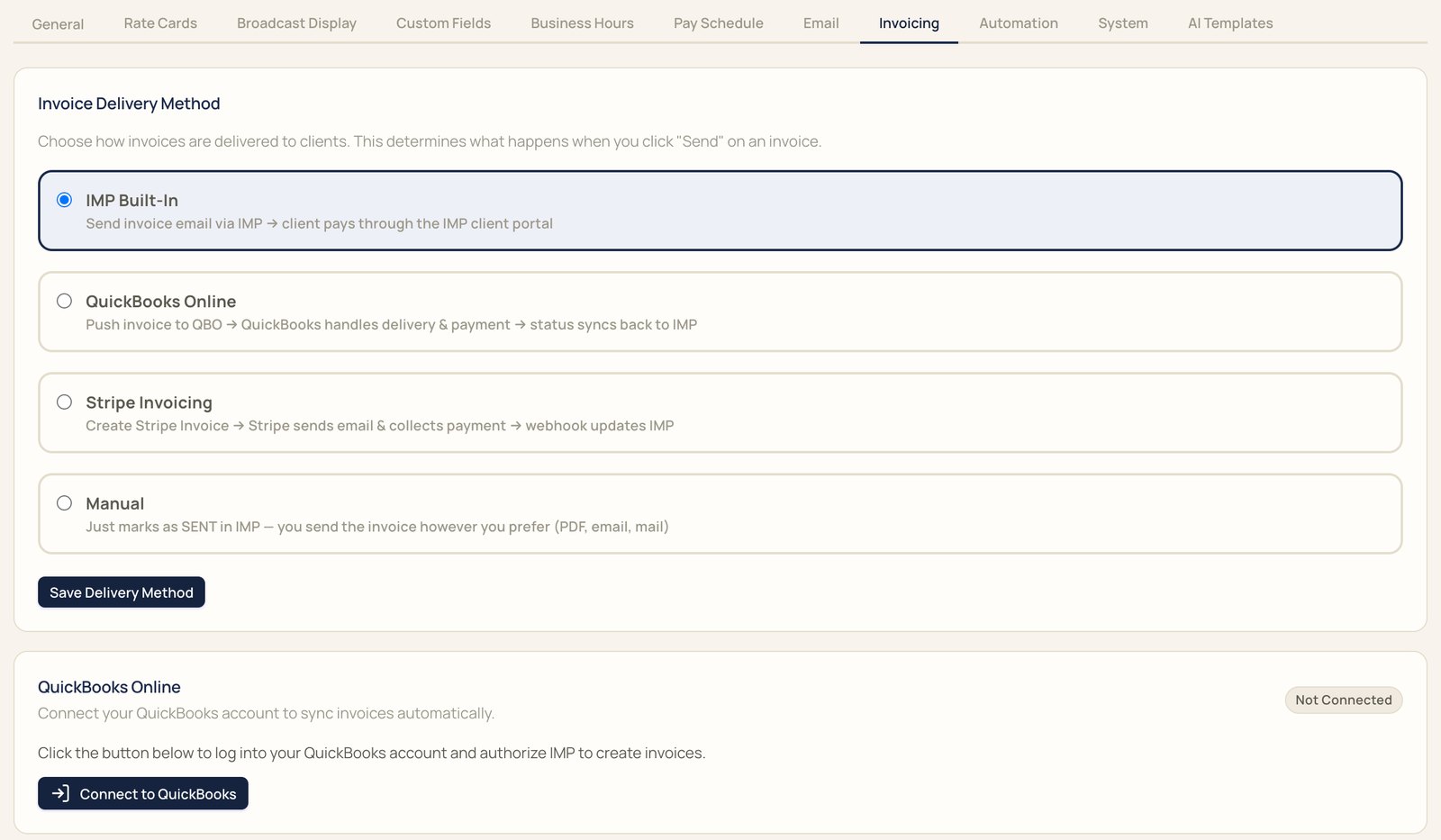 Invoice settings: deliver invoices through IMP, QuickBooks Online, Stripe Invoicing, or manually, with a QuickBooks Online connection