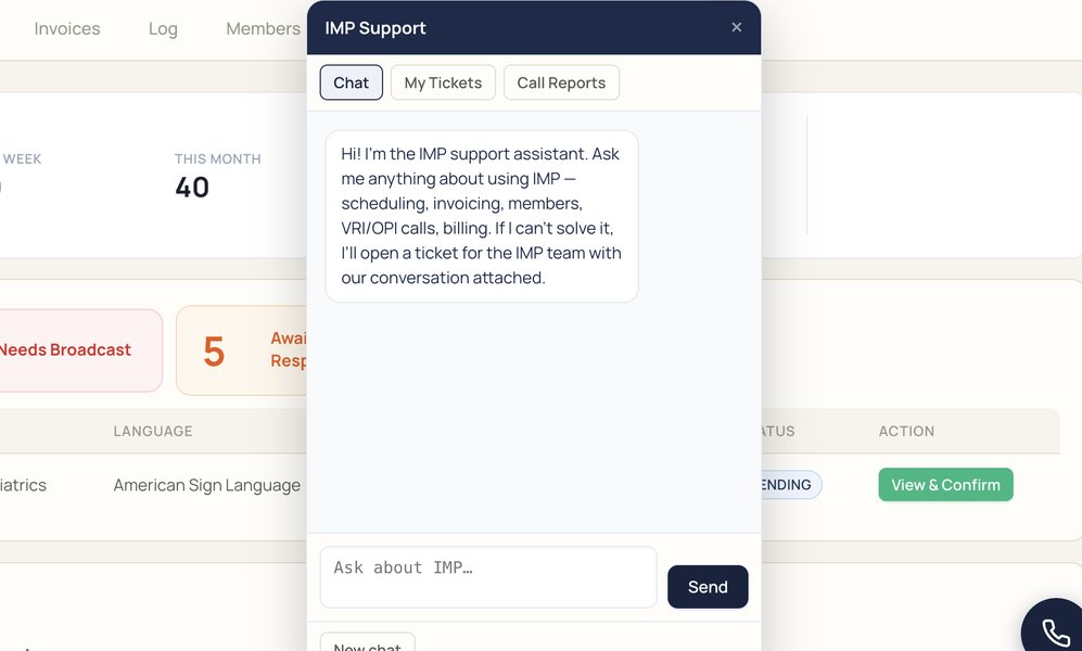 The IMP support assistant open beside the dashboard