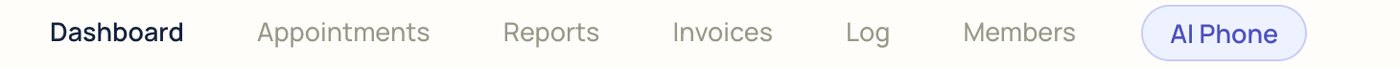 The IMP tab bar: Dashboard, Appointments, Reports, Invoices, Log, Members, and AI Phone