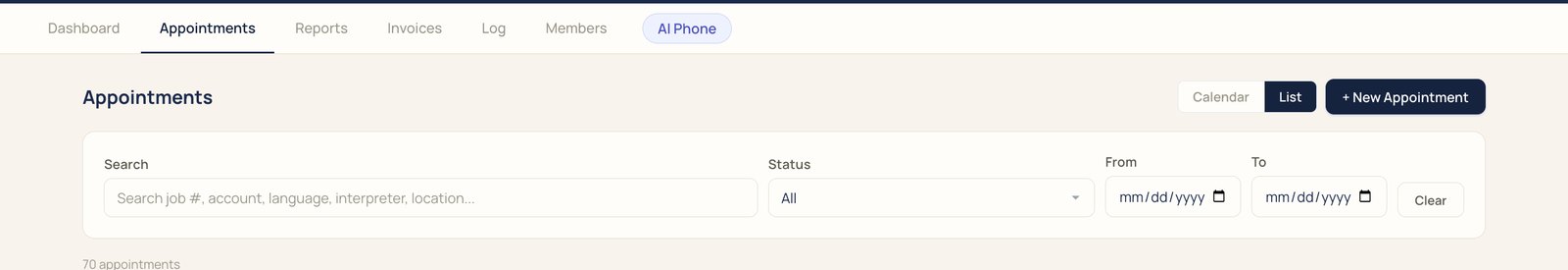 Appointments header with search, a status filter, dates, and Calendar, List, and New Appointment buttons