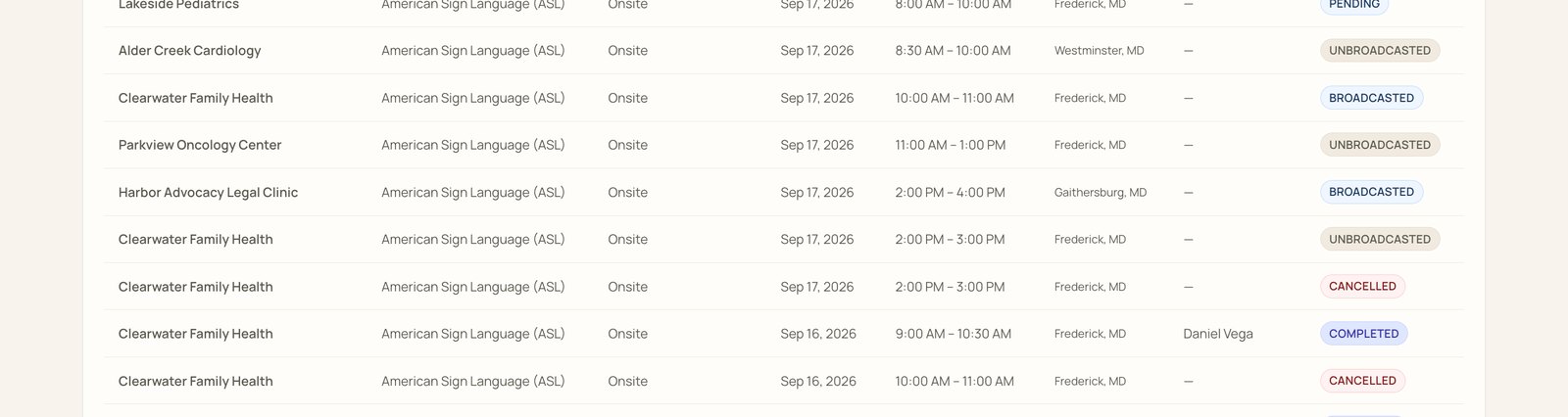 Appointment list rows with account, language, type, date, time, location, interpreter, and status