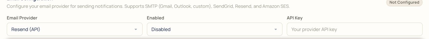 Email configuration: supports SMTP for Gmail, Outlook, or custom, SendGrid, Resend, and Amazon SES, with provider, enabled, and API key fields