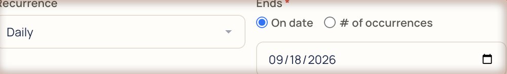 Recurrence set to daily, ending on a date or after a number of occurrences