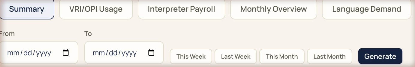 Report tabs: Summary, VRI/OPI Usage, Interpreter Payroll, Monthly Overview, and Language Demand, with From and To dates and This Week, Last Week, This Month, Last Month, and Generate